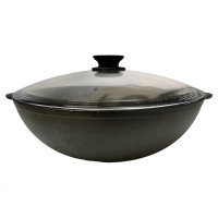 Чавунна пательня WOK 30 см з литими ручками та склянною кришкою