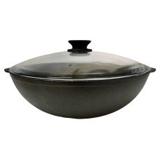 Чавунна пательня WOK 30 см з литими ручками та склянною кришкою
